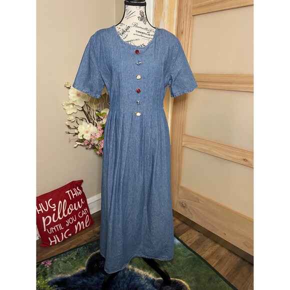 Alexandra Lee Denim Vintage Dress Rosette Embellished Pleated Barn Style - Picture 1 of 10